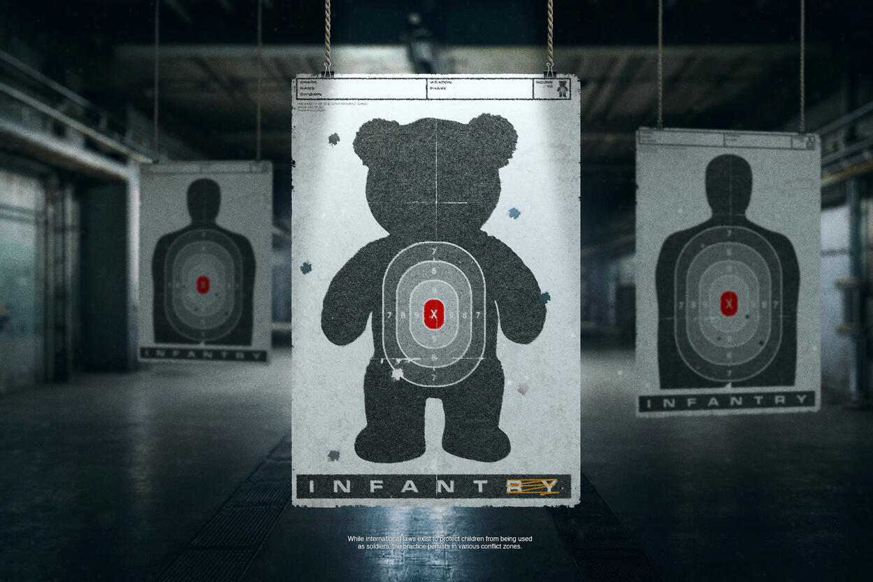 Dark and dirty underground facility with dim lights and shooting targets with bullet holes
