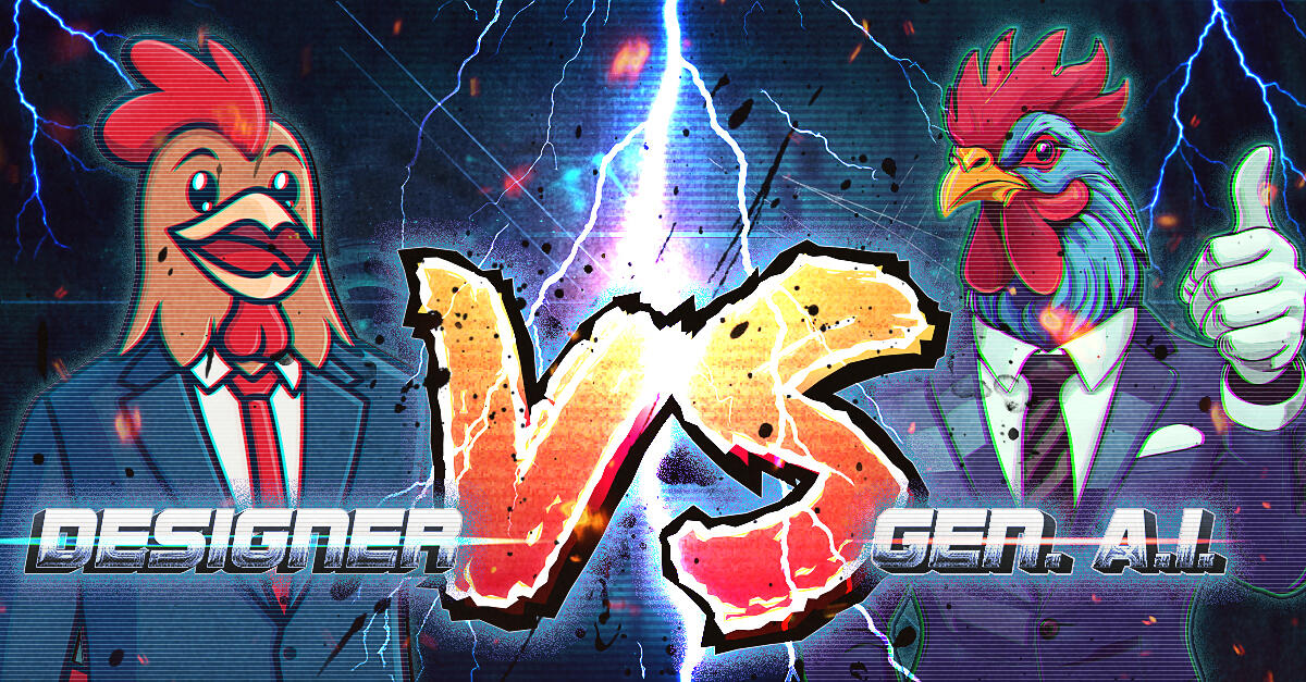 2 Humanoid roosters in a suit and tie giving a thumbs-up, representing Designer VS Generative Artificial Intelligence