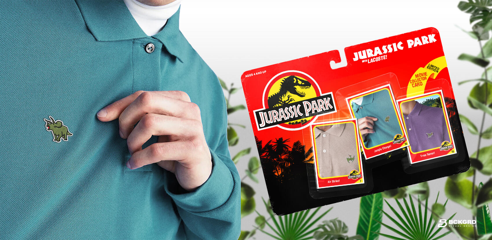 Model in a polo Lacoste with a Jurassic Park packaging and vegetation in the background.