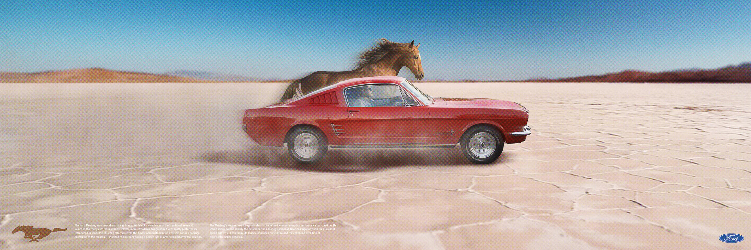 Salt desert at noon, viewed from ground level with a side profile Mustang horse galloping fast alongside a Red Ford Mustang.